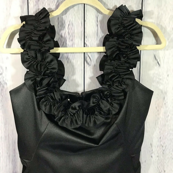Maggy L Dress Black Satin Ruffled Trim Cocktail - Picture 2 of 5